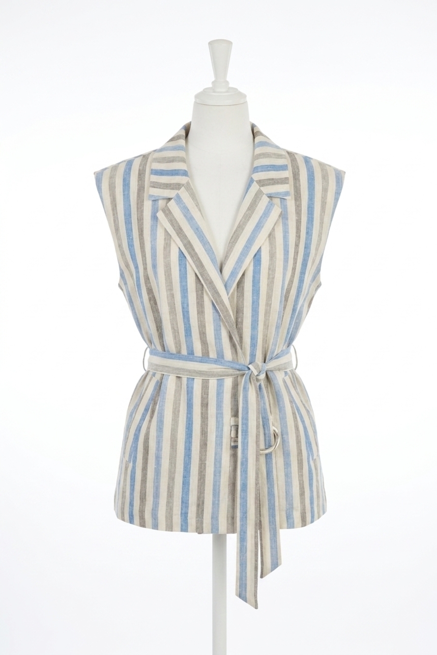 NEW MOLLY BRACKEN striped linen blend sleeveless blazer vest in blue
